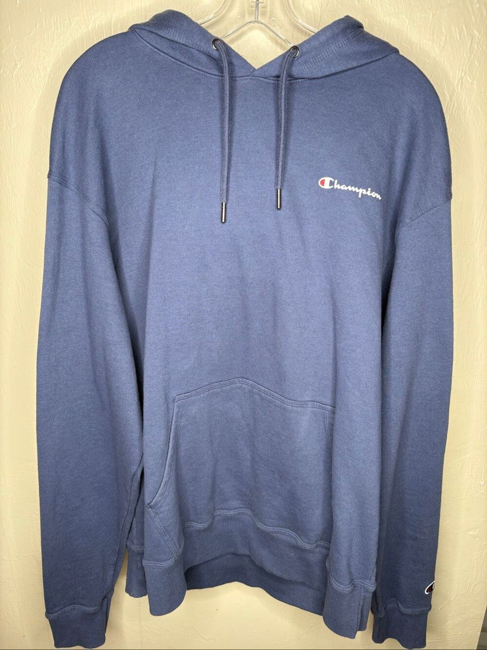 Champion Men's Pullover Hoodie Blue Fleece Embroidered Logo Kangaroo Pocket Larg